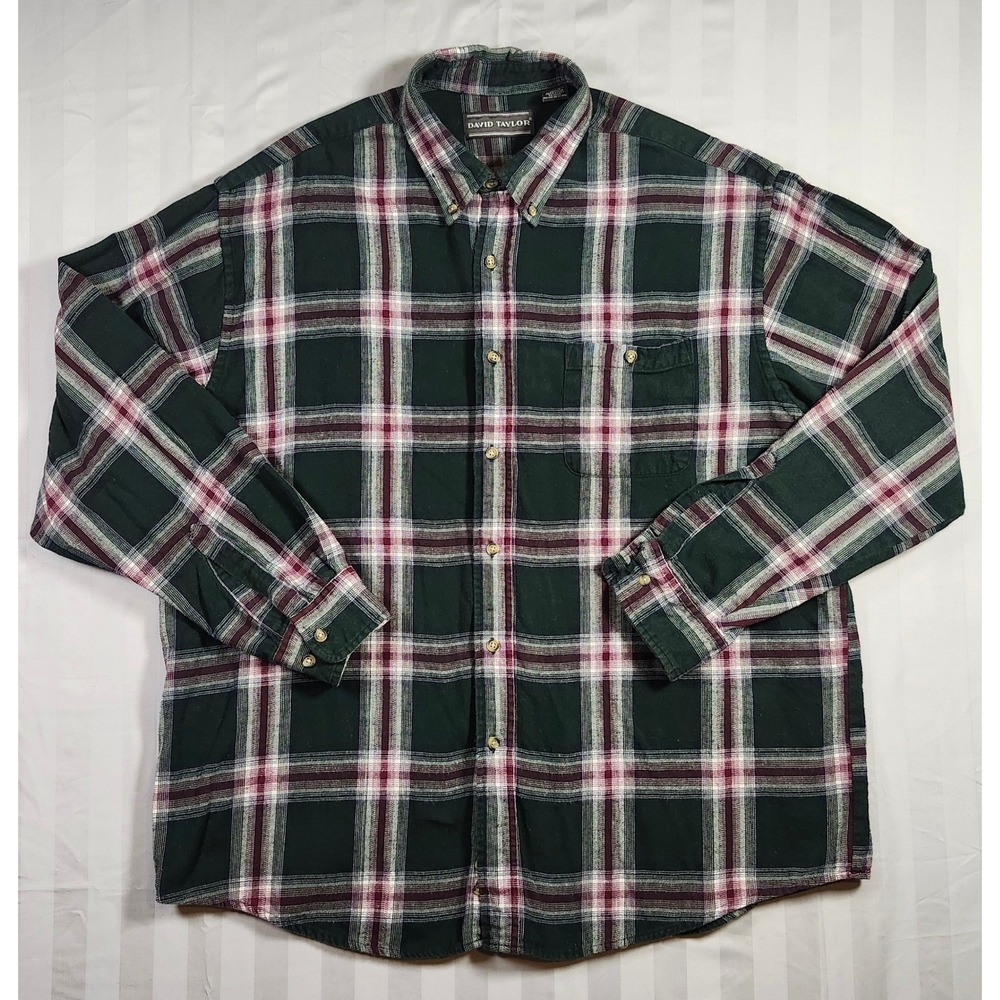 Vintage David Taylor Men XL Green Plaid Flannel Shirt Long Sleeve Cotton 90s